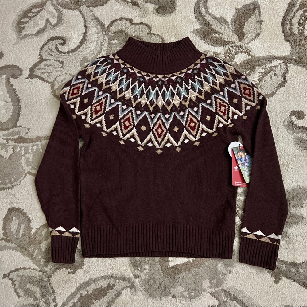 Sherpa Adventure Fair Isle Nordic Mock neck S Merlot Indu Brown Burgundy multi
